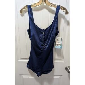 NEW! Suitable Solutions One Piece Navy Blue Swimsuit Hip Thigh Minimizer Size 12